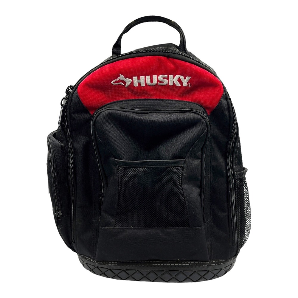 Husky Tool Backpack 16 in Water-Resistant Polyester Fabric Molded Base Red Black